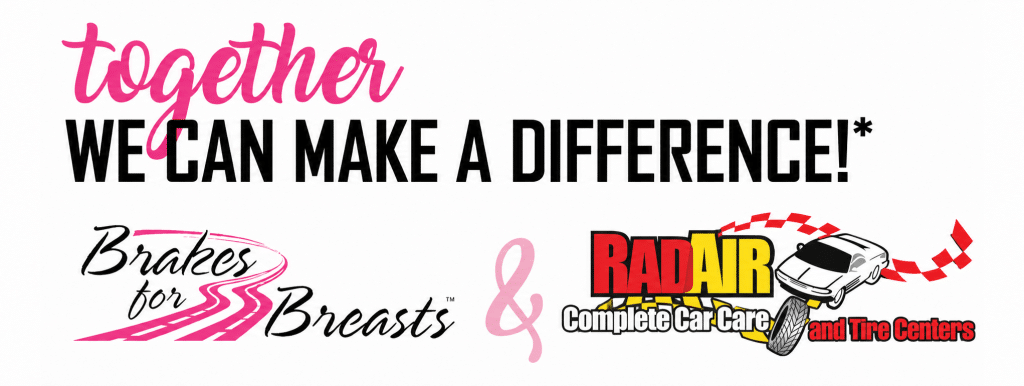 Banner reading 'Together we can make a difference!' with pink ribbon and partner logos for Brakes for Breasts and Bad Air Car Care Centers (tire and tire services).